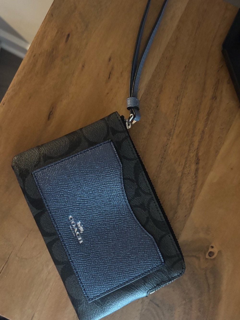 Coach Black Signature Canvas Wristlet with Navy Leather Pocket